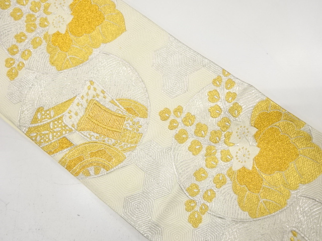 アンティーク　丸紋に桐・御所車・重ね亀甲模様織り出し袋帯（材料）